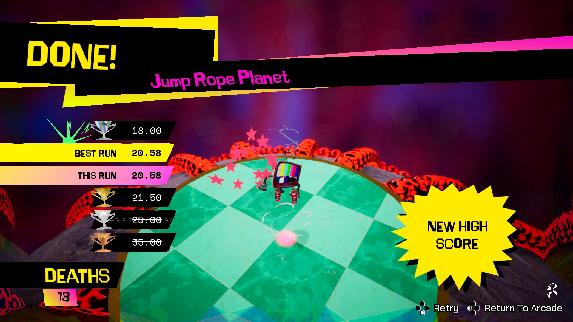 Win screen after completing a platforming level, showing user's time and number of deaths