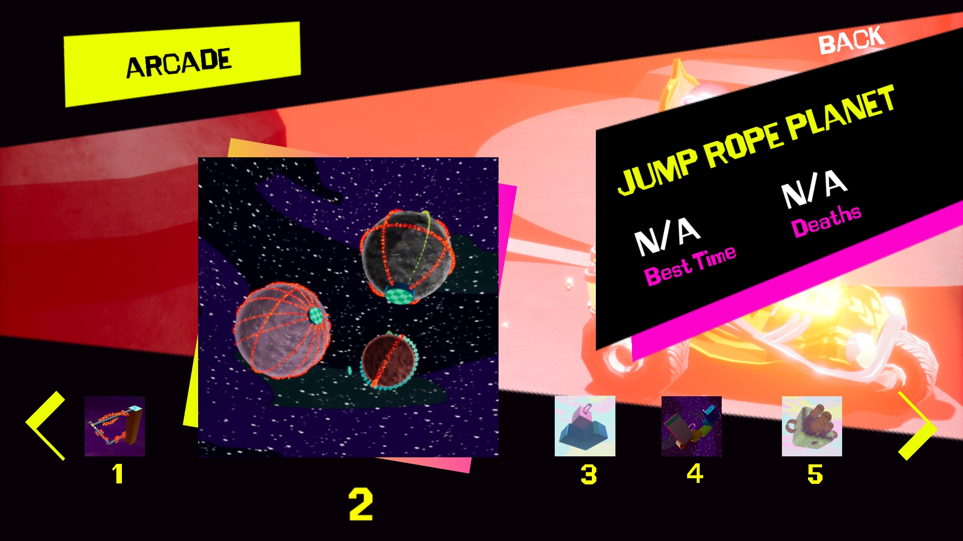 Arcade mode menu, showing the Jump Rope Planet level